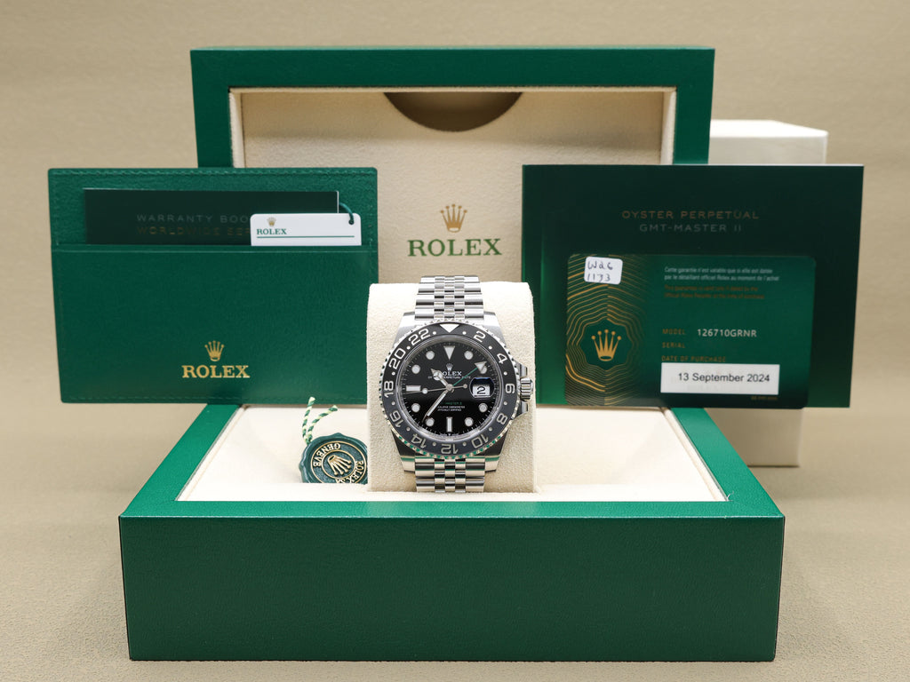 Rolex GMT-Master II Bruce Wayne Black Dial on Jubilee 126710GRNR Complete 2024