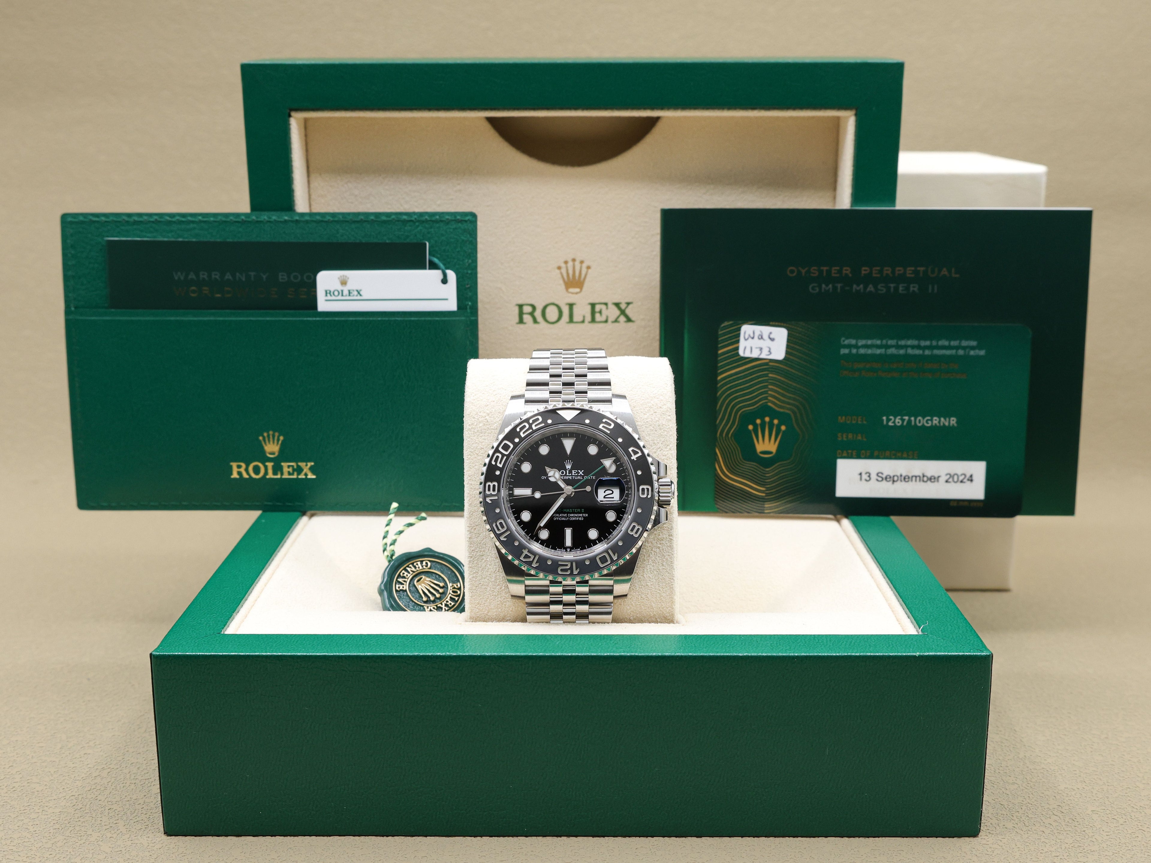 Rolex GMT-Master II Bruce Wayne Black Dial on Jubilee 126710GRNR Complete 2024