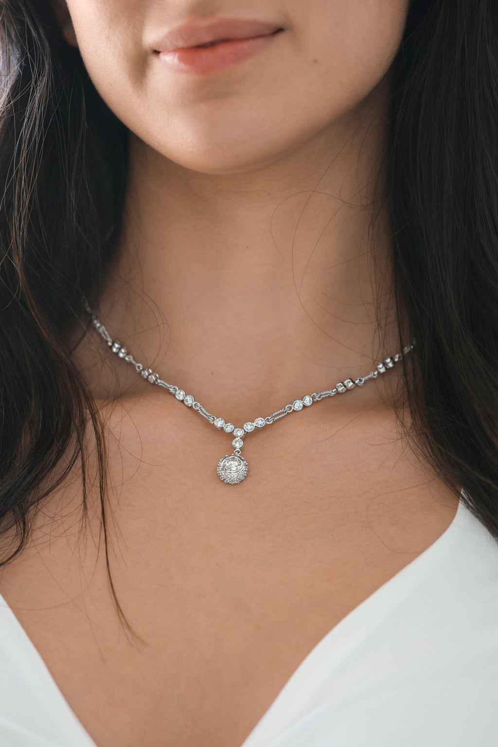 18K White Gold Round Sphere Diamond Drop Yard Necklace 1ct N-130