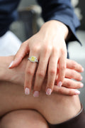 Platinum FANCY YELLOW RADIANT CENTER SI1 (GIA) - HALO & PAVE BAND Engagement Ring 6.41 cts.