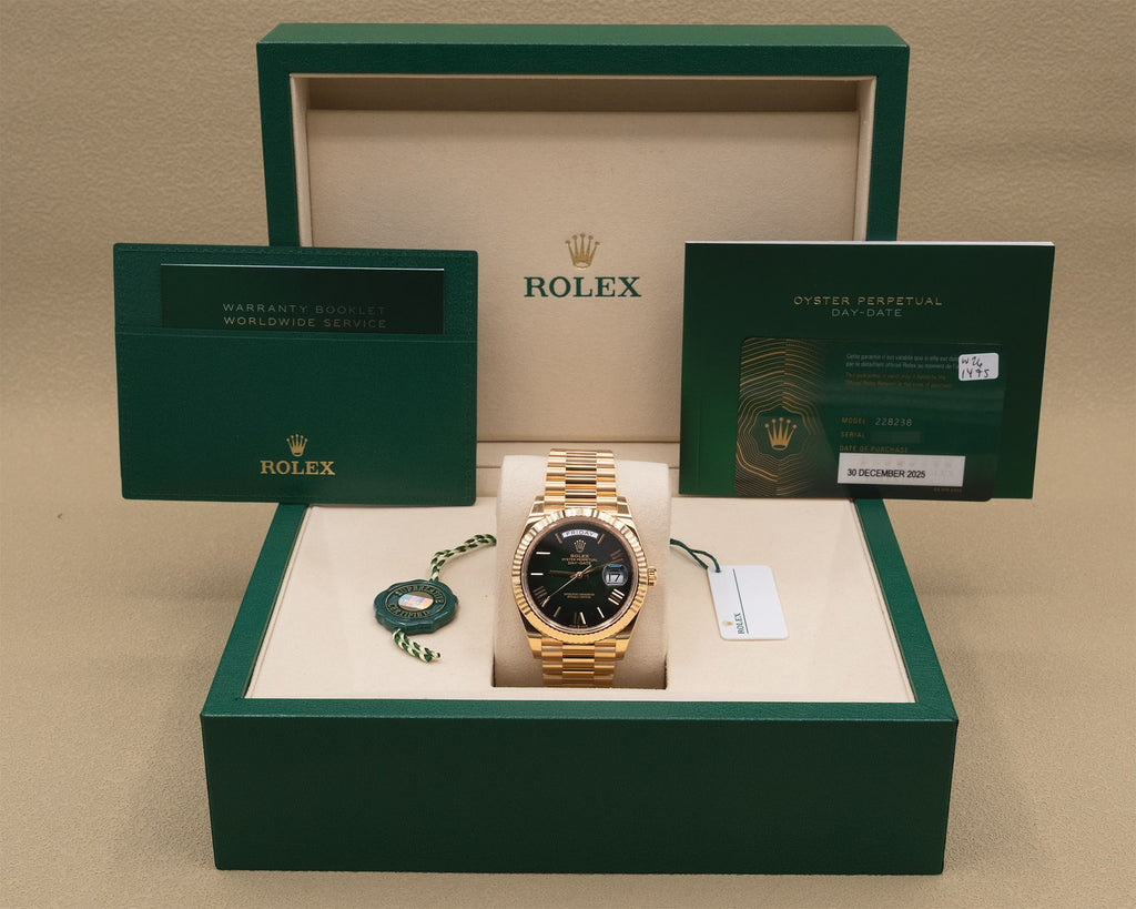 Rolex Day-Date 40 Green Ombre Roman Dial on President 228238 Complete 2025