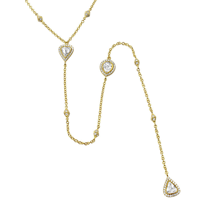 18K Rose Gold Round & Pear Natural Diamond Lariat Necklace N-308