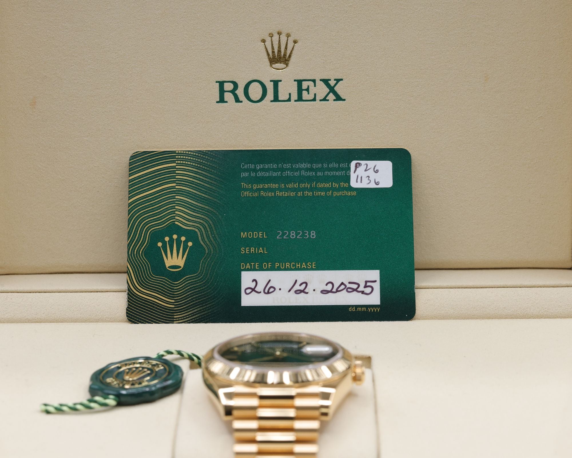 Rolex Day-Date 40 Green Ombre Roman Dial on President 228238 Complete 2025